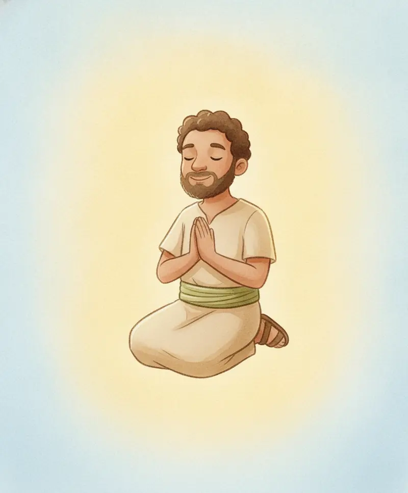 Jonas orando tranquilamente com as mãos juntas dentro de um espaço aconchegante e iluminado.
