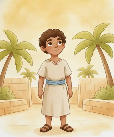 José, um jovem bondoso, está de pé em um pátio egípcio ensolarado, olhando esperançoso para o céu dourado.