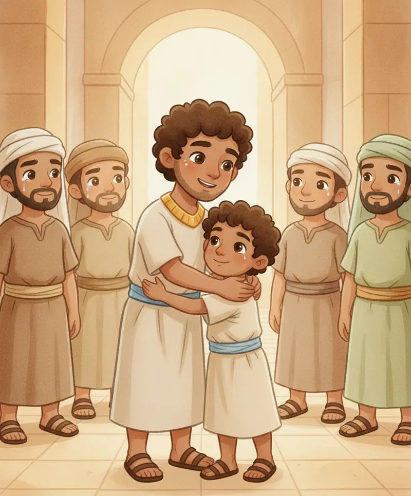José abraça com carinho seu irmãozinho Benjamim, cercado por seus irmãos sorrindo com alegria no palácio.
