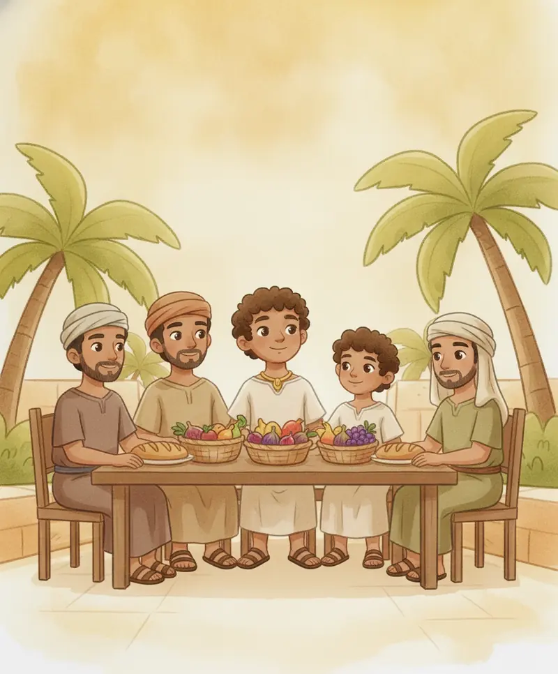 José celebra reunido com toda a sua família ao redor de uma mesa farta em um jardim ensolarado e acolhedor.