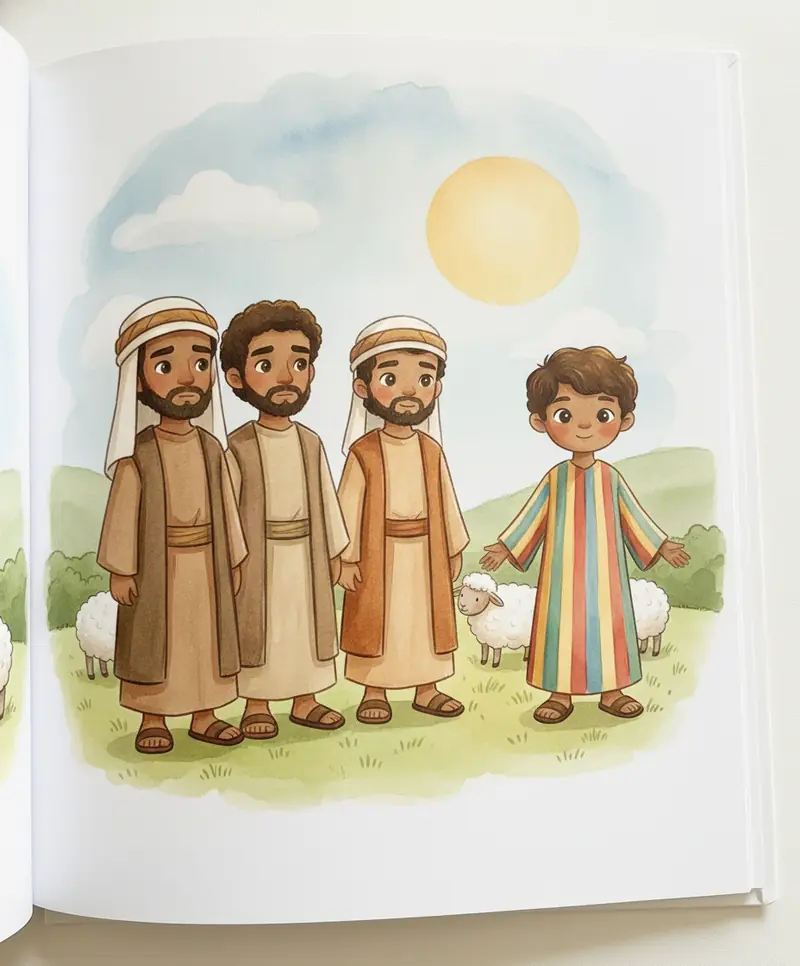 Irmãos pensativos olhando de longe para José com sua túnica colorida.