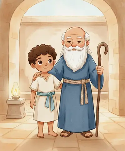 O menino Samuel ajuda o sacerdote idoso Eli dentro de um pátio tranquilo do templo.