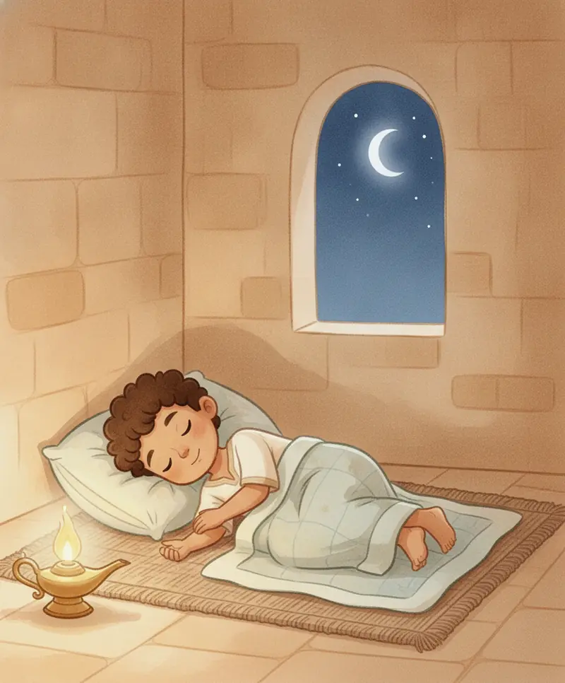 Samuel dorme tranquilo em um colchão macio à noite, com uma lamparina dourada acesa ao lado.