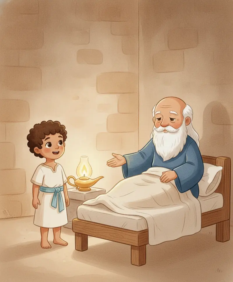 Samuel está ao lado da cama de Eli à noite, e o sacerdote o tranquiliza com a mão estendida.