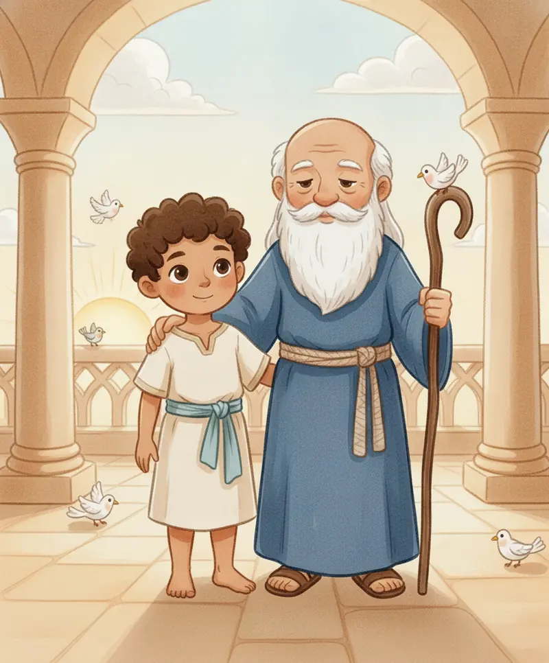 Ao amanhecer, Samuel sorri feliz ao lado de Eli em um pátio iluminado pela luz dourada.