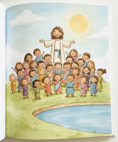 Uma multidão alegre de famílias e crianças numa colina verde olhando para Jesus, que sorri com bondade.