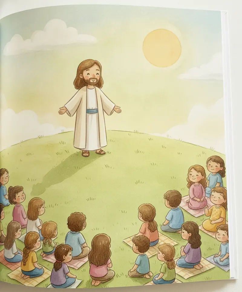 Jesus olha com carinho para a multidão cansada na colina, pensando em como alimentar todos.