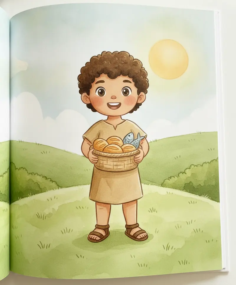 Um menininho oferece com alegria seu cestinho com cinco pães e dois peixes.