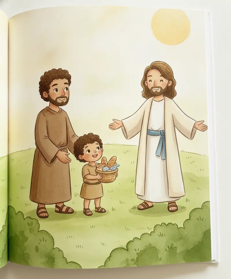 André leva o menino com o cestinho até Jesus, que sorri confiante.