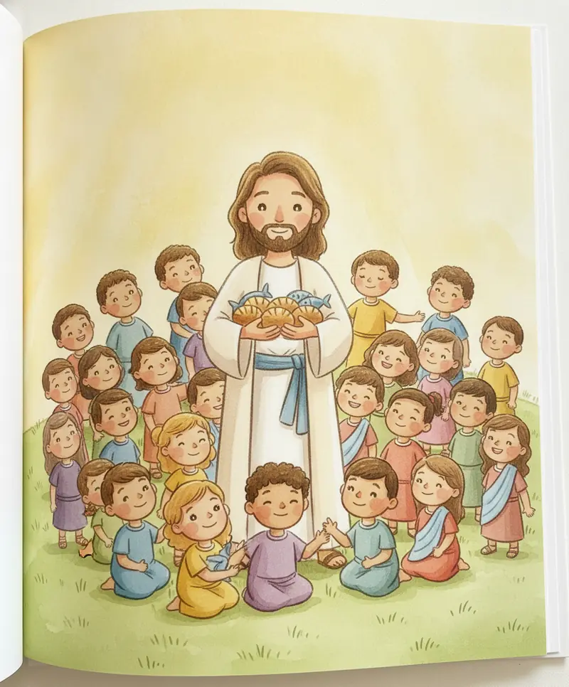 Jesus segura os pães e os peixes, olha para o céu e agradece a Deus, com a multidão sentada na grama.