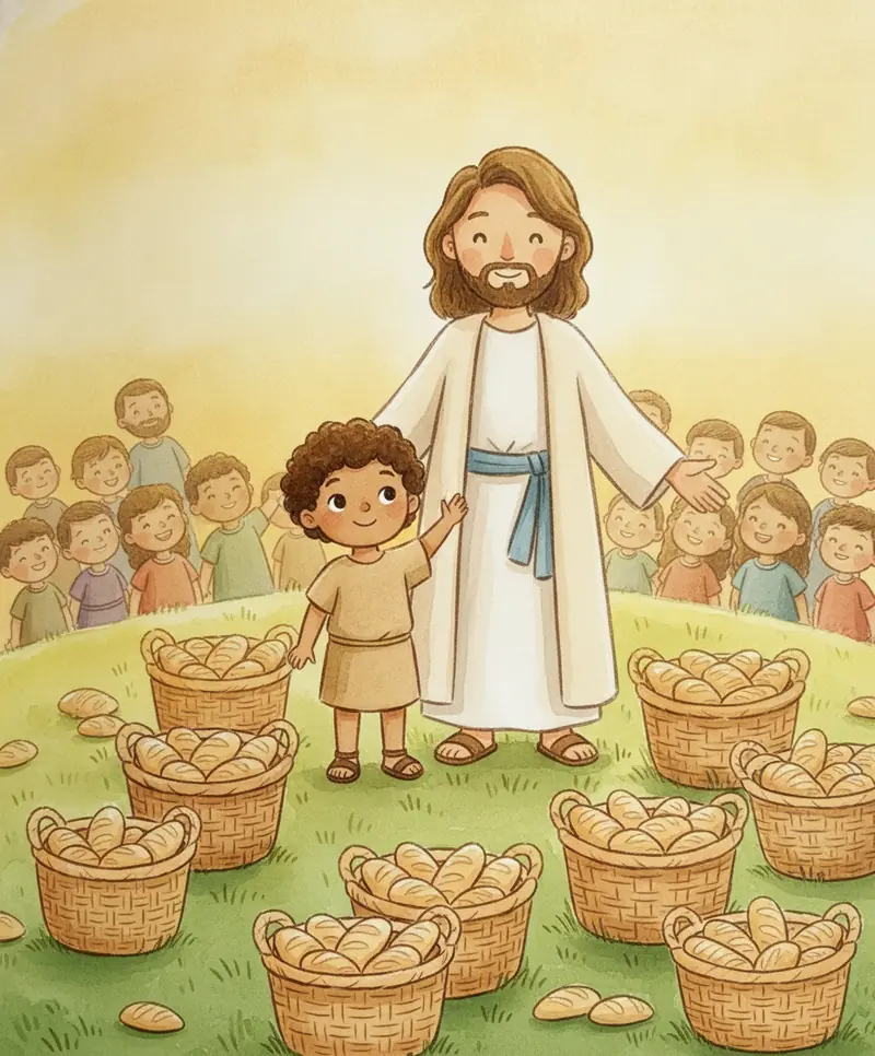 Doze cestos cheios de pães sobraram, com o menino feliz ao lado de Jesus que o abraça pelo ombro.