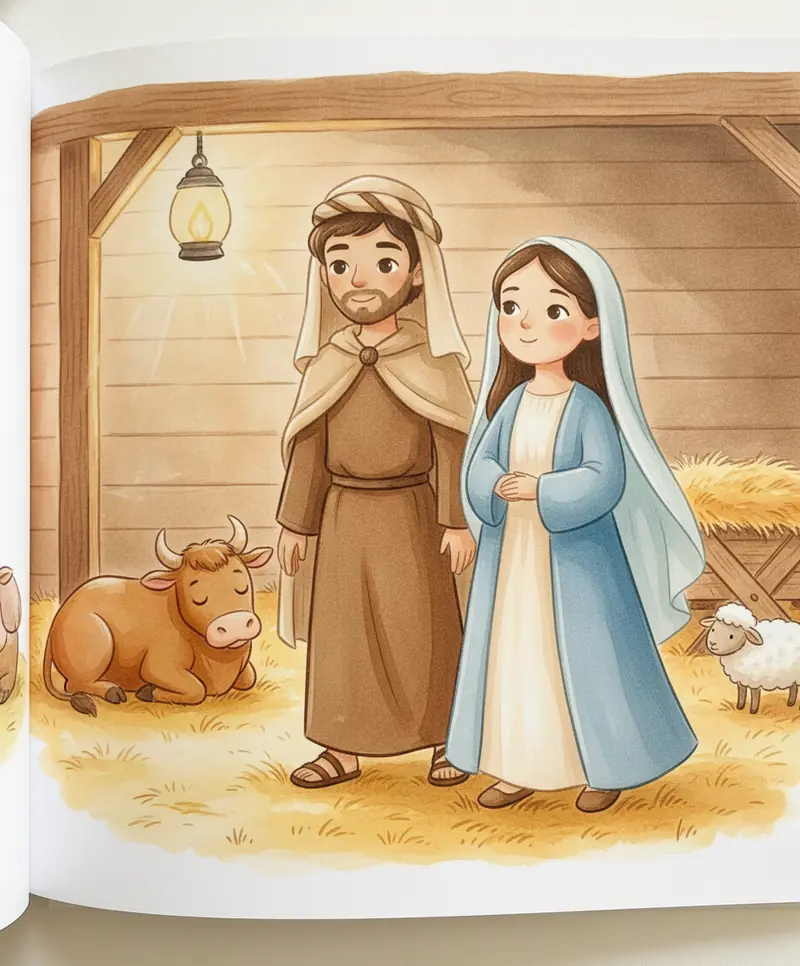 José conduz Maria para dentro de um estábulo aconchegante com feno e animais calmos sob a luz de uma lanterna.