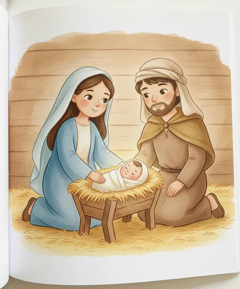 Maria deita o bebê Jesus enrolado em panos numa manjedoura de palha, com José ajoelhado ao lado.