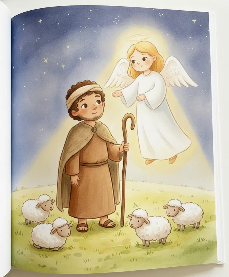 Um pastor com cajado olha para um anjo brilhante no céu noturno, cercado por ovelhas no campo.