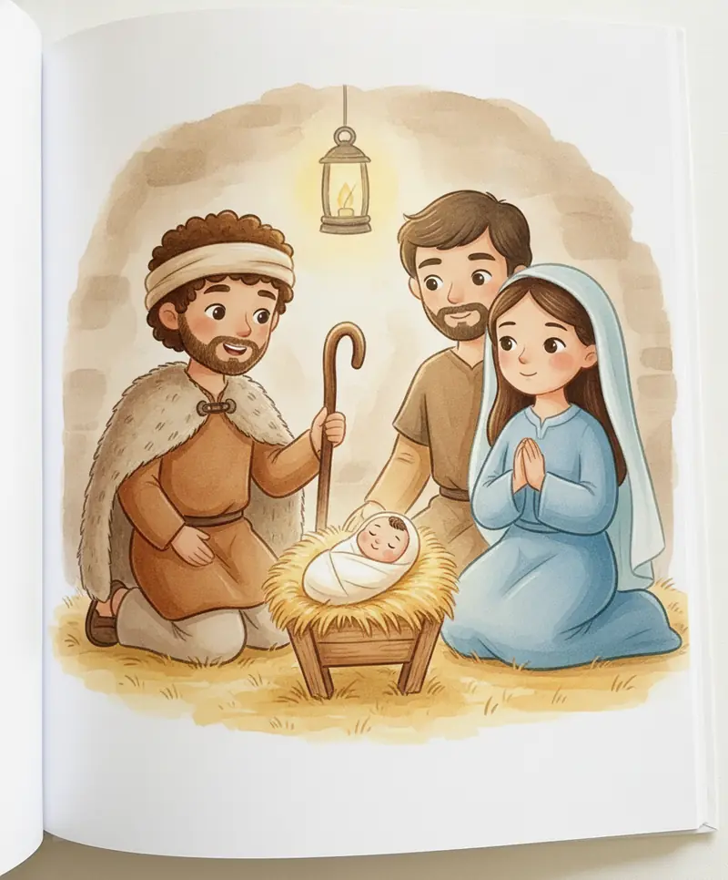 Um pastor ajoelhado contempla o bebê Jesus na manjedoura, com Maria e José sentados ao lado no estábulo.