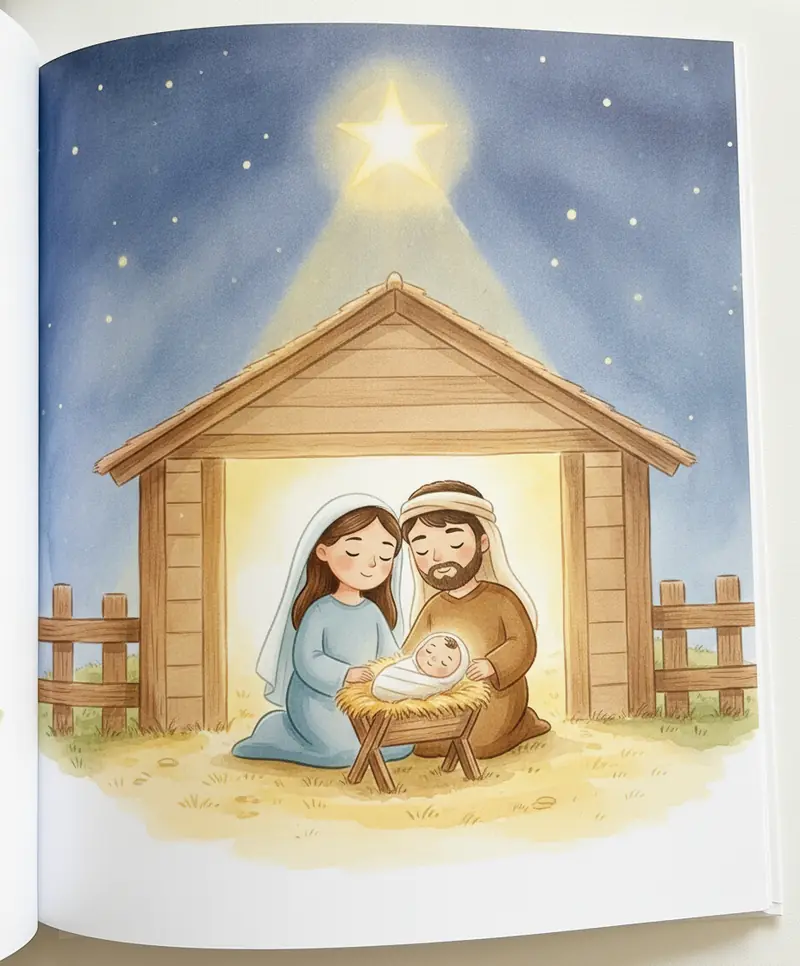 Uma estrela brilhante ilumina o pequeno estábulo onde Maria, José e o bebê Jesus estão reunidos à noite.