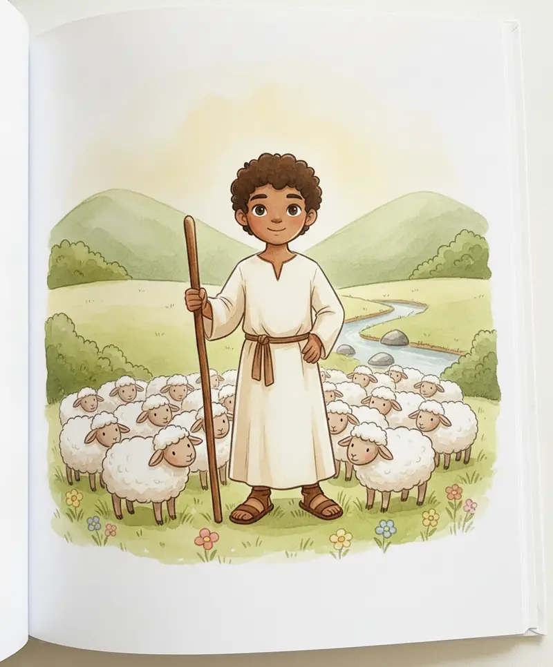Um pastor bondoso sorri no meio de muitas ovelhinhas brancas em um campo verde ensolarado.