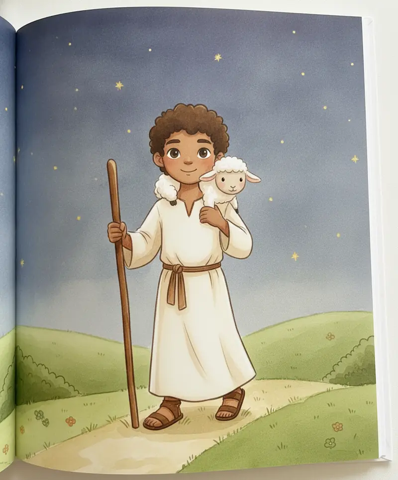 O pastor carrega a ovelhinha nos ombros e volta para casa sob as estrelas.