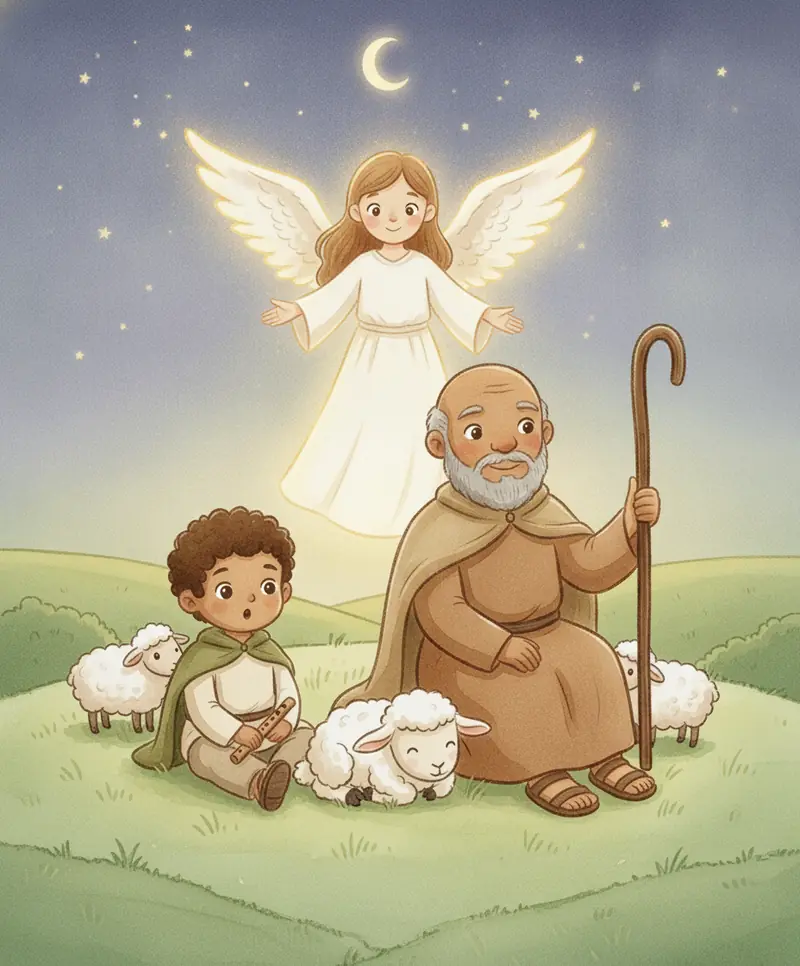 Um anjo radiante aparece no céu enquanto dois pastores olham para cima maravilhados.