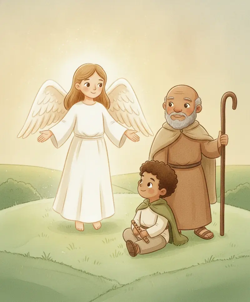 O anjo fala calmamente com os pastores, que escutam a boa notícia com esperança.