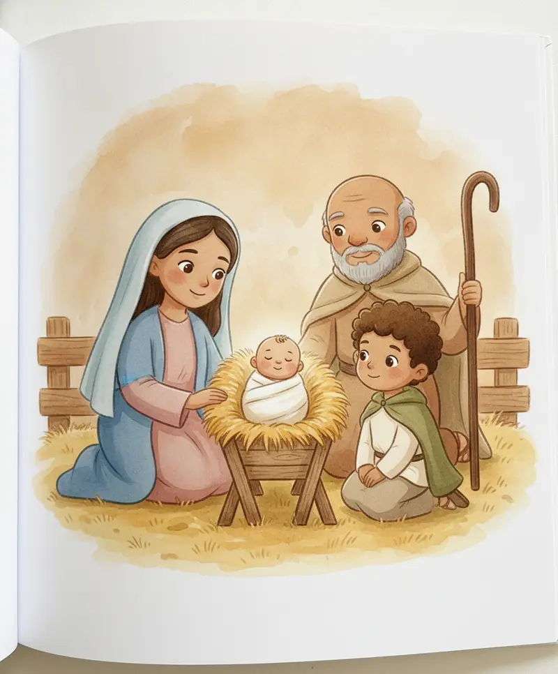 Os pastores se ajoelham com carinho diante do menino Jesus na manjedoura, ao lado de Maria.