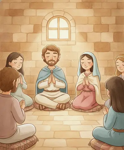 Os amigos de Jesus oram juntos em uma casa simples e iluminada em Jerusalém.