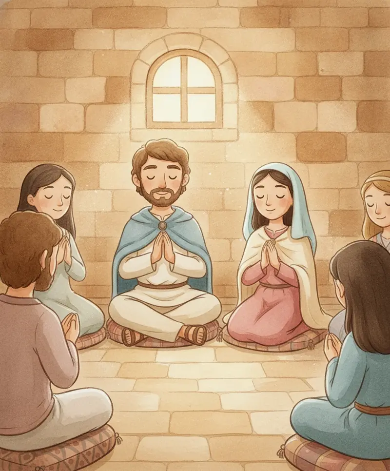 Os amigos de Jesus oram juntos em uma casa simples e iluminada em Jerusalém.