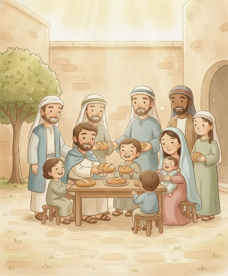 Uma grande família feliz divide o pão e cuida uns dos outros em um pátio iluminado.
