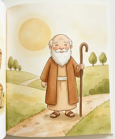 Elias caminha por uma colina ensolarada olhando para o céu com confiança.
