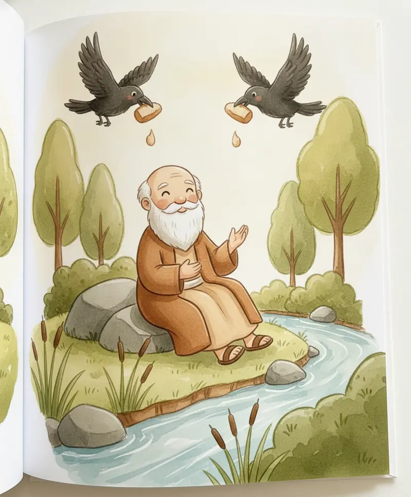 Elias sentado à beira de um riacho recebe pão de corvos amigáveis.