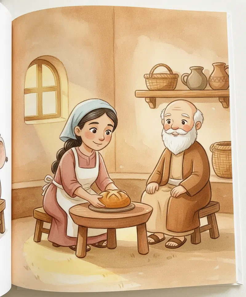 A viúva prepara um pãozinho enquanto Elias sorri com confiança.