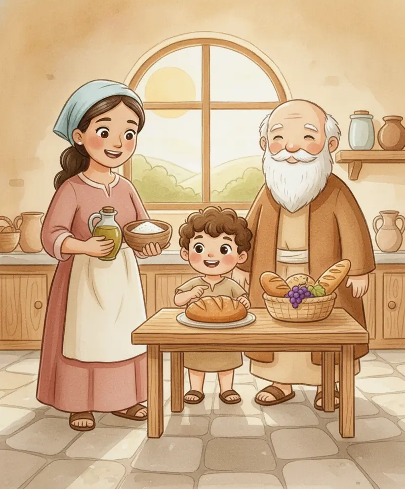 A viúva, o filho e Elias sorriem juntos com farinha, azeite e pão que nunca acabam.