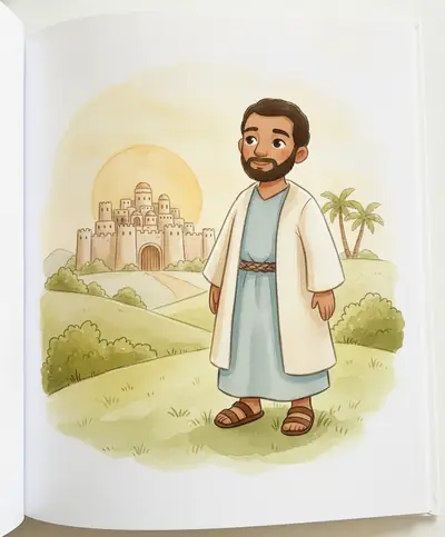 Josué olha para os altos muros e o portão fechado da cidade de Jericó ao longe.