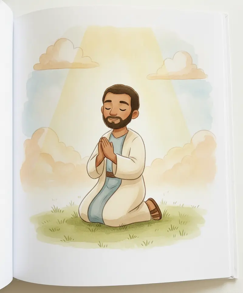 Josué reza tranquilo enquanto uma luz dourada brilha do céu, ouvindo o plano de Deus.