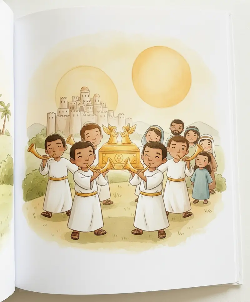 Sacerdotes com trombetas douradas e a arca caminham à frente do povo ao redor da cidade.