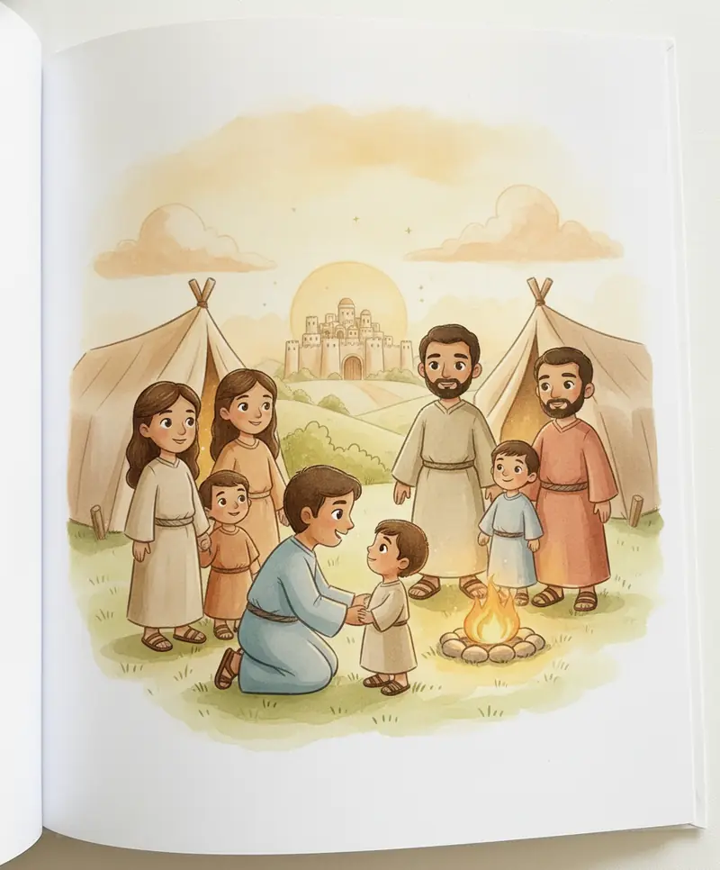 Pais conversam com carinho com as crianças perto das tendas, esperando com paciência.