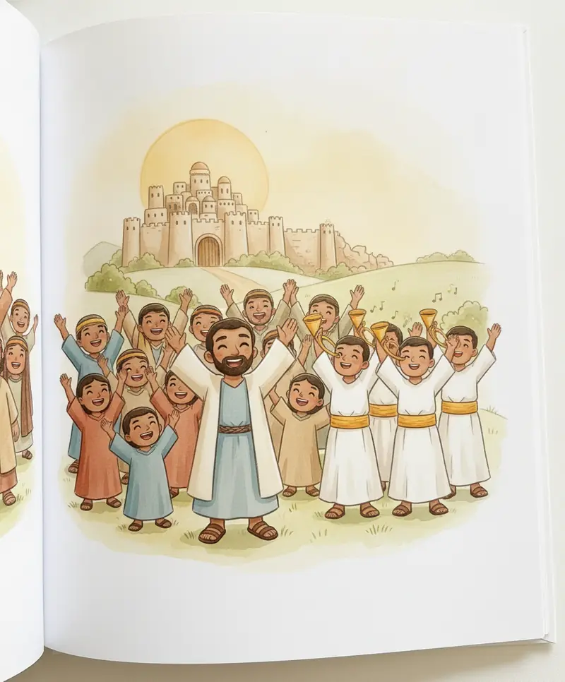 No sétimo dia o povo grita de alegria enquanto os sacerdotes tocam as trombetas com força.