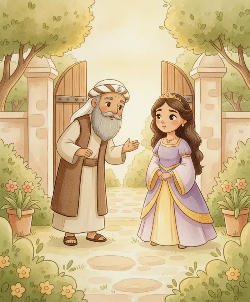 Mardoqueu conversando com a rainha Ester junto ao portão do jardim.
