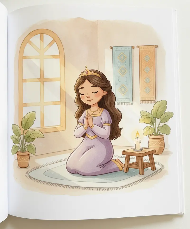 Ester ajoelhada em oração diante de uma janela iluminada.