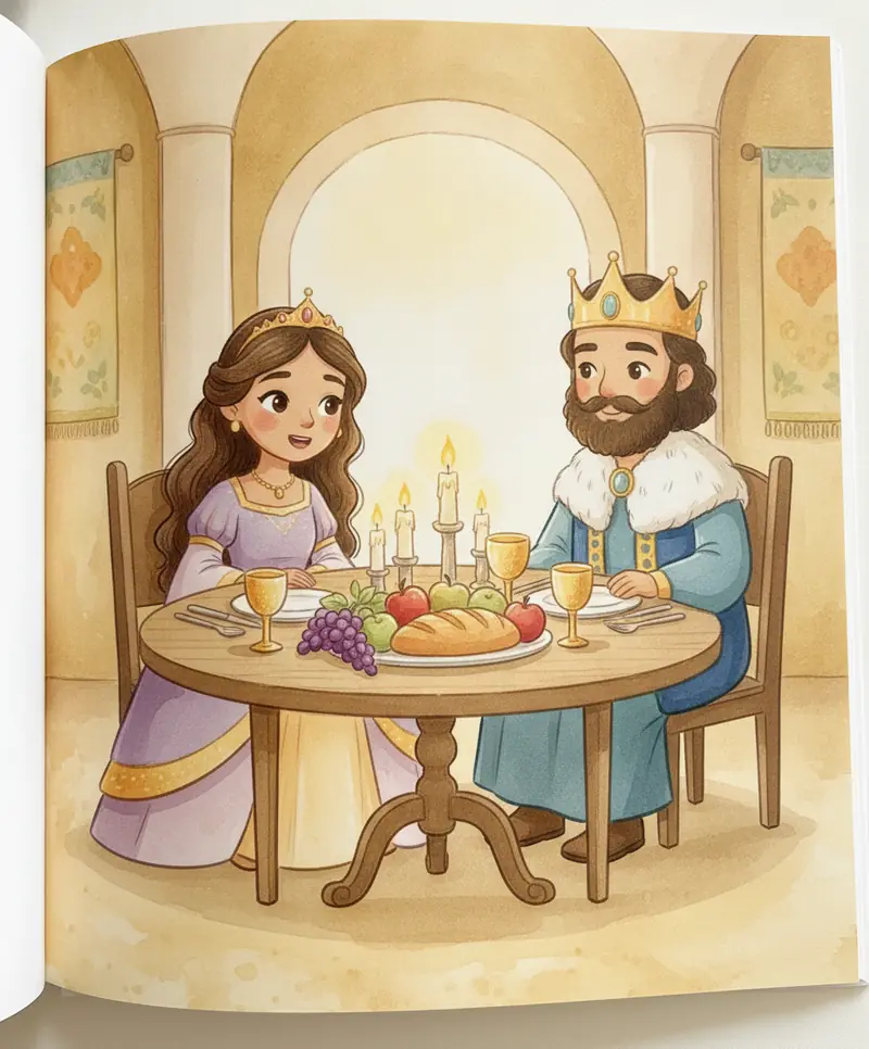 Ester e o rei conversando à mesa de um jantar especial à luz de velas.