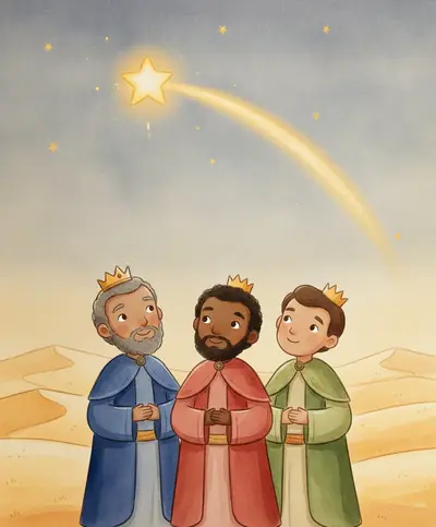 Três reis magos bondosos olham maravilhados para uma grande estrela dourada brilhando no céu noturno.