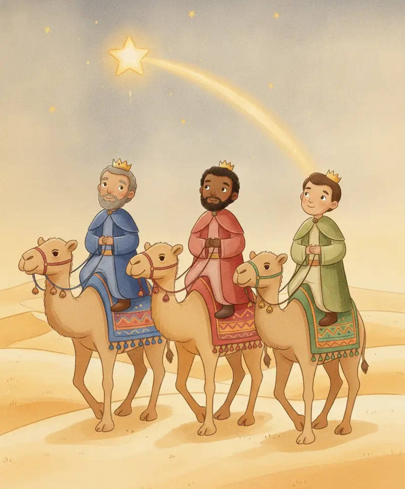 Os reis magos viajam em camelos pelo deserto seguindo a estrela dourada no céu.