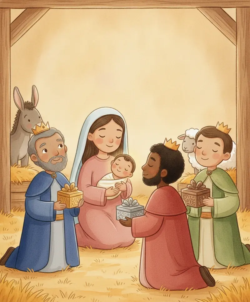 Os reis magos se ajoelham e oferecem presentes ao menino Jesus, que está com sua mãe Maria.