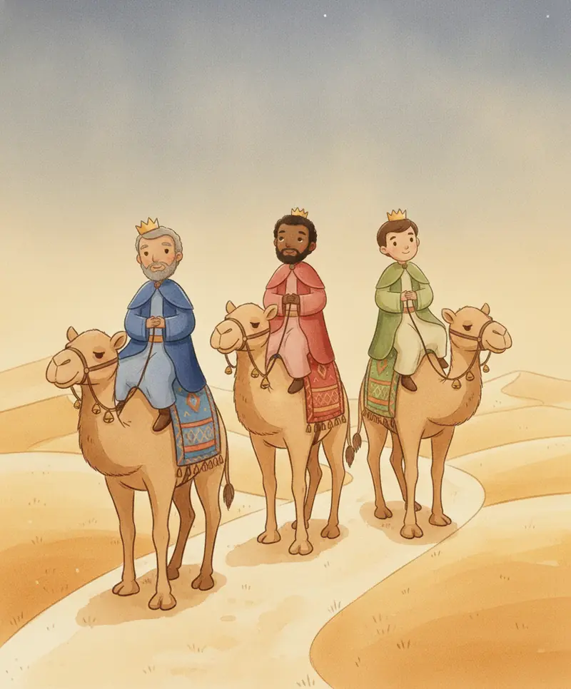 Os reis magos voltam felizes para casa em seus camelos ao amanhecer, gratos pelo encontro.