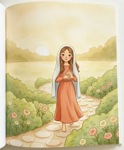 Maria Madalena caminhando por um jardim ao amanhecer, levando um pequeno pote de perfume.