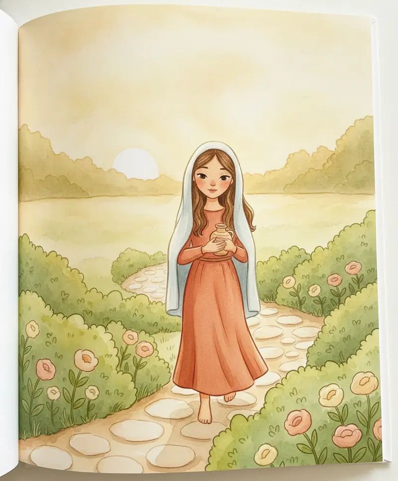 Maria Madalena caminhando por um jardim ao amanhecer, levando um pequeno pote de perfume.