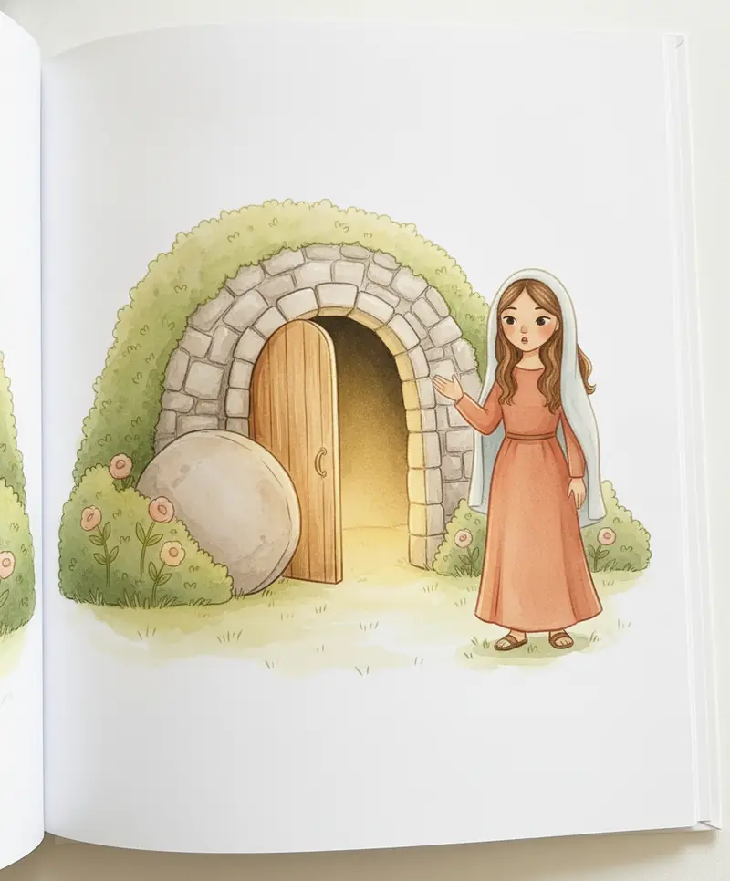 A entrada do túmulo aberta com a grande pedra rolada para o lado, e Maria surpresa ao lado.