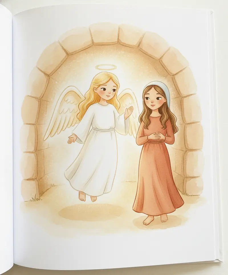Um anjo luminoso e sorridente dentro do túmulo, falando gentilmente com Maria.