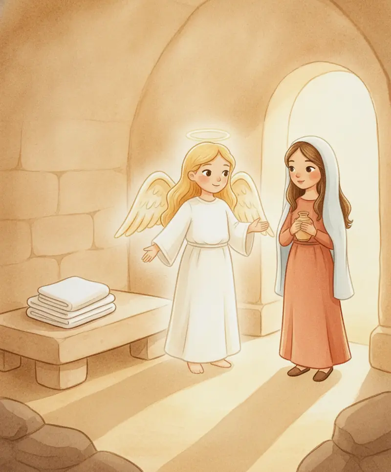O anjo apontando para o lugar vazio e tranquilo com os panos brancos dobrados, enquanto Maria se enche de esperança.
