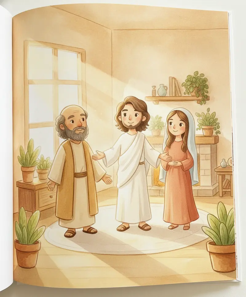 Jesus vivo e radiante, abençoando com os braços abertos seus amigos felizes em uma sala iluminada.